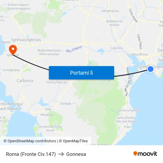 Roma (Fronte Civ.147) to Gonnesa map