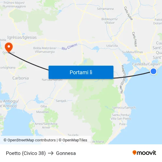 Poetto (Civico 38) to Gonnesa map