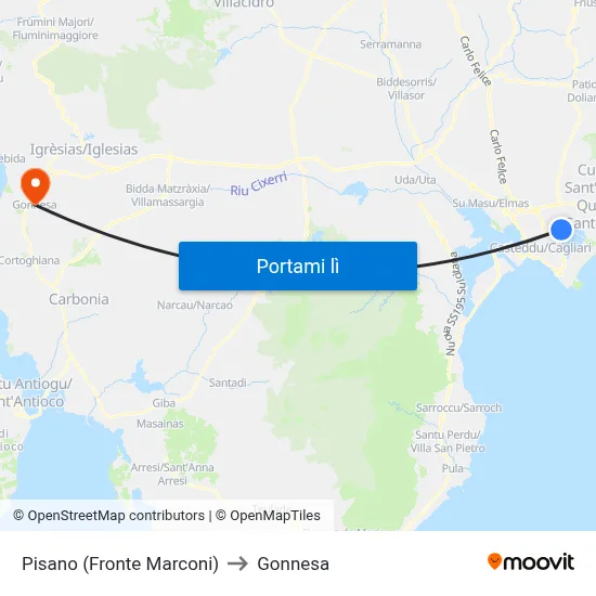 Pisano (Fronte Marconi) to Gonnesa map