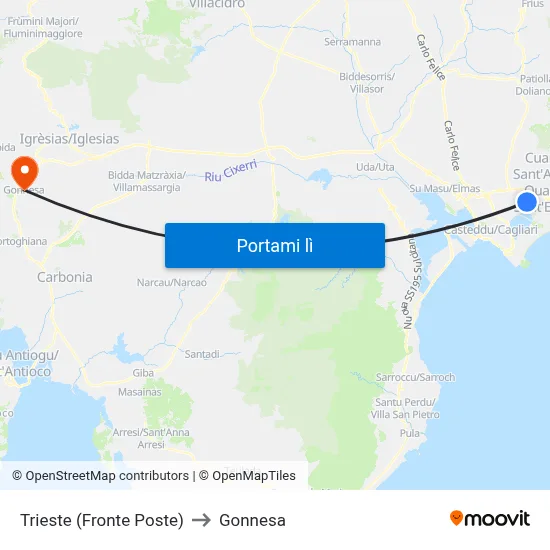 Trieste (Fronte Poste) to Gonnesa map