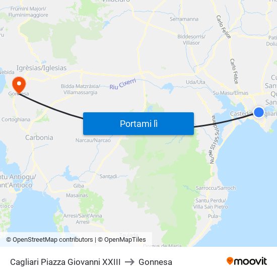 Cagliari Piazza Giovanni XXIII to Gonnesa map