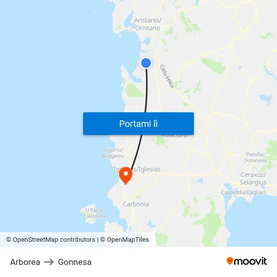 Arborea to Gonnesa map