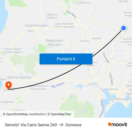 Senorbi' Via Carlo Sanna 260 to Gonnesa map