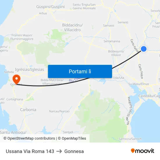 Ussana Via Roma 143 to Gonnesa map
