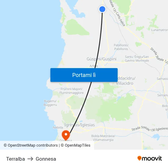 Terralba to Gonnesa map
