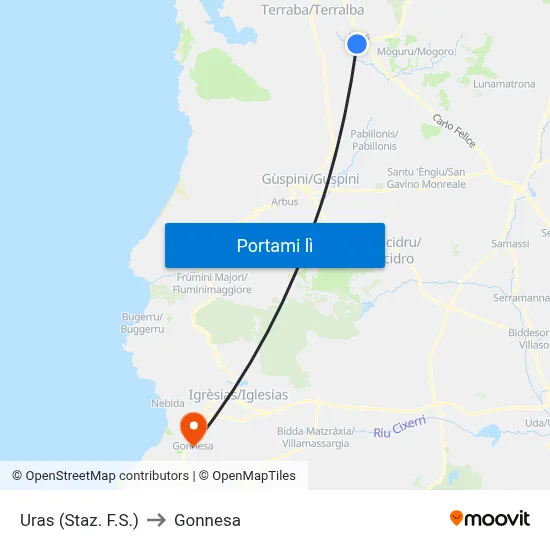 Uras (Staz. F.S.) to Gonnesa map