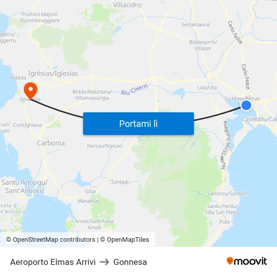 Aeroporto Elmas Arrivi to Gonnesa map