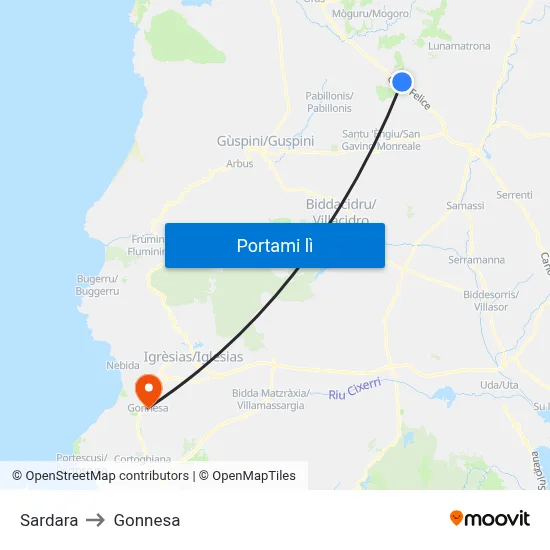 Sardara to Gonnesa map