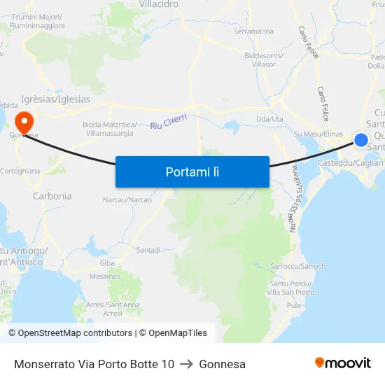 Monserrato Via Porto Botte 10 to Gonnesa map