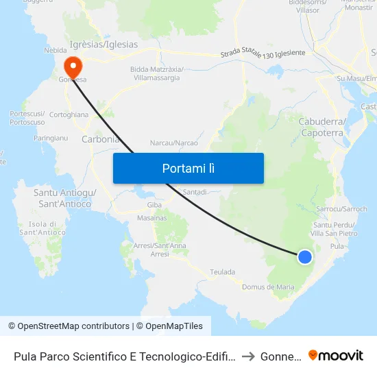 Pula Parco Scientifico E Tecnologico-Edificio 1 to Gonnesa map