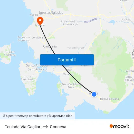Teulada Via Cagliari to Gonnesa map