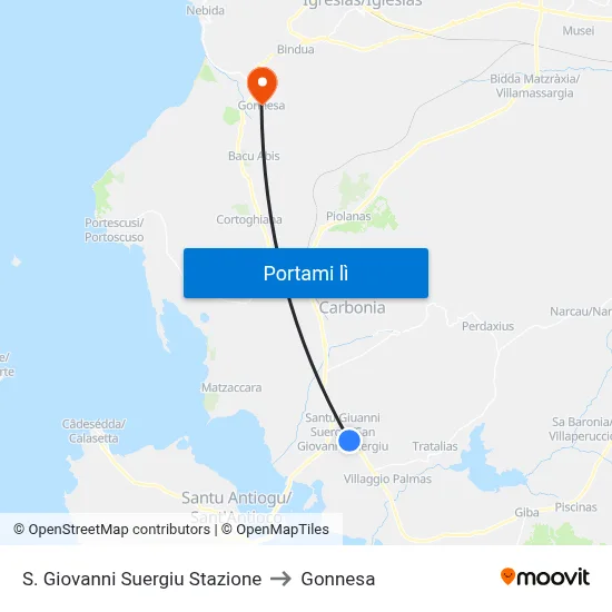 S. Giovanni Suergiu Stazione to Gonnesa map