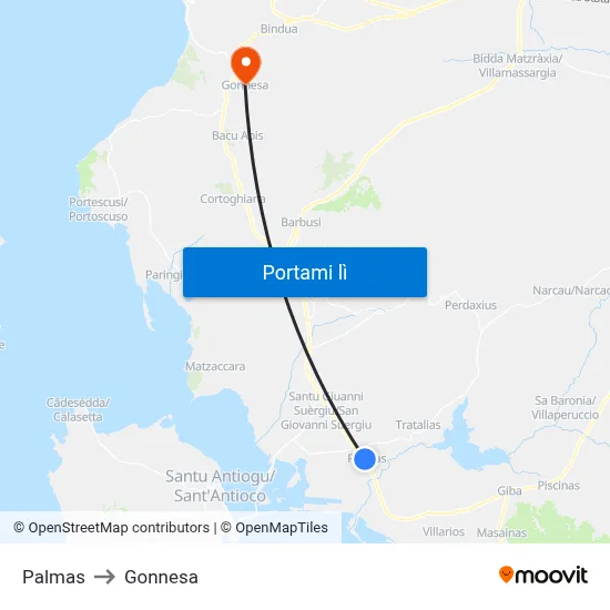 Palmas to Gonnesa map