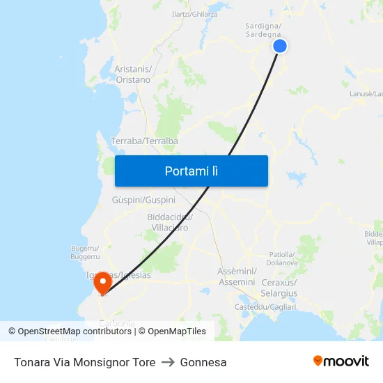 Tonara Via Monsignor Tore to Gonnesa map