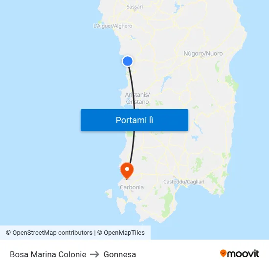 Bosa Marina Colonie to Gonnesa map