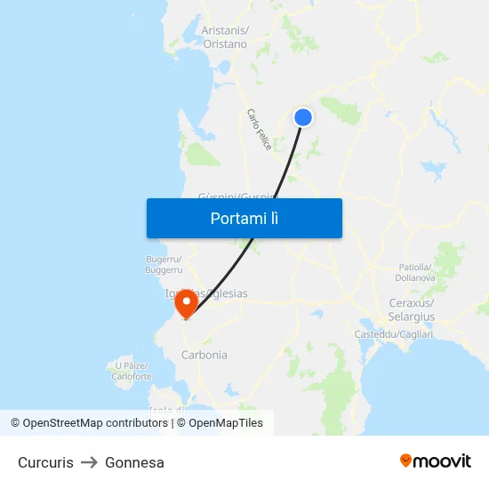 Curcuris to Gonnesa map