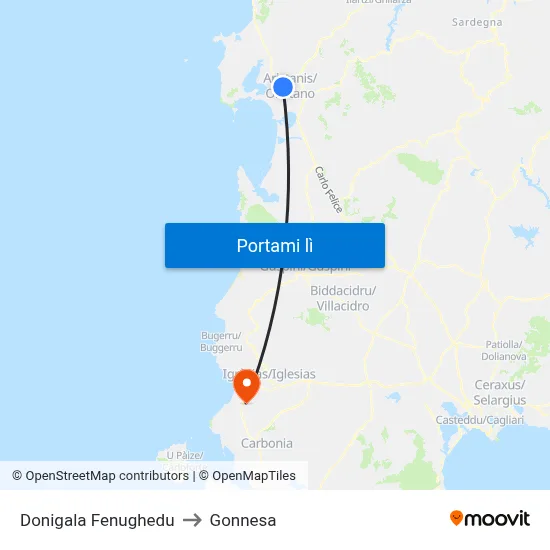 Donigala Fenughedu to Gonnesa map