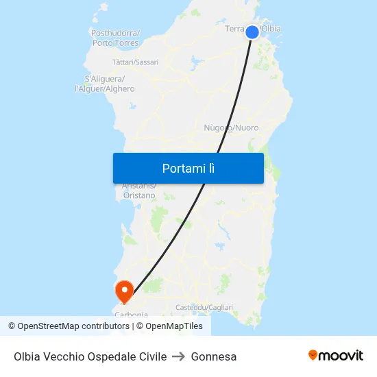 Olbia Vecchio Ospedale Civile to Gonnesa map