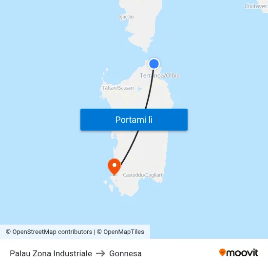 Palau Zona Industriale to Gonnesa map