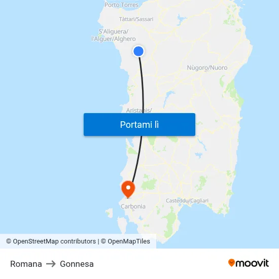 Romana to Gonnesa map
