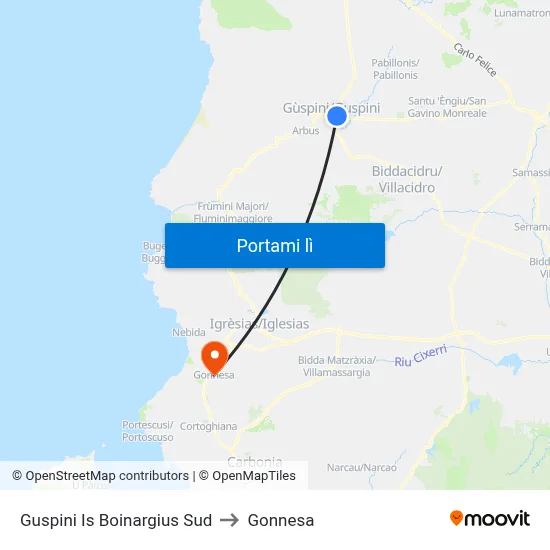 Guspini Is Boinargius Sud to Gonnesa map