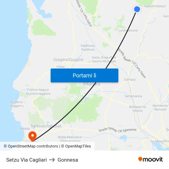 Setzu Via Cagliari to Gonnesa map