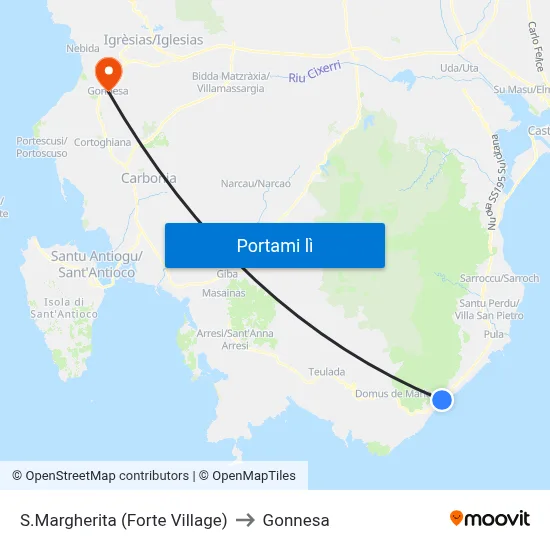 S.Margherita (Forte Village) to Gonnesa map