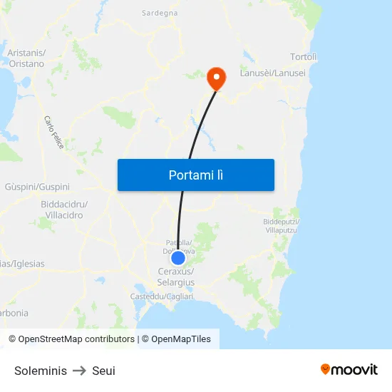 Soleminis to Seui map