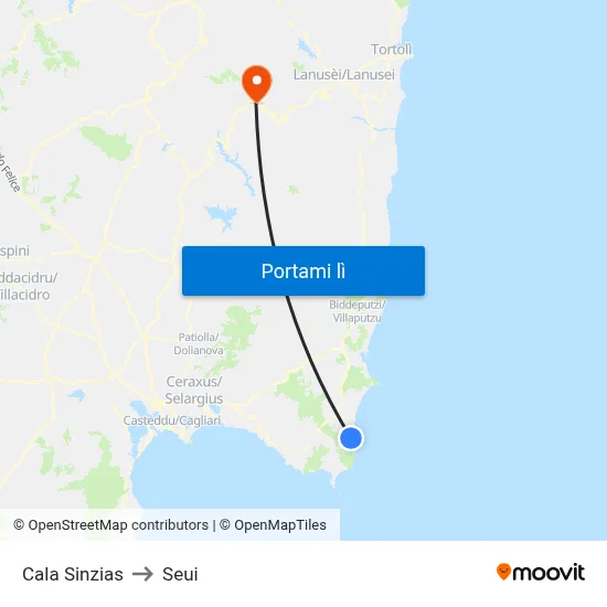 Cala Sinzias to Seui map