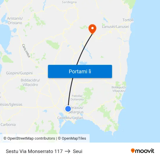 Sestu Via Monserrato 117 to Seui map