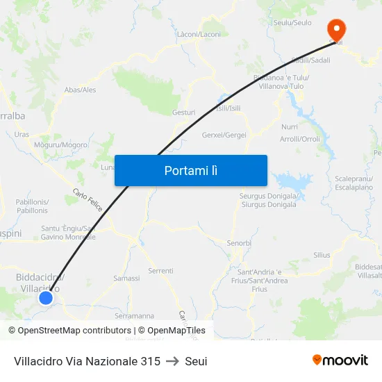 Villacidro Via Nazionale 315 to Seui map