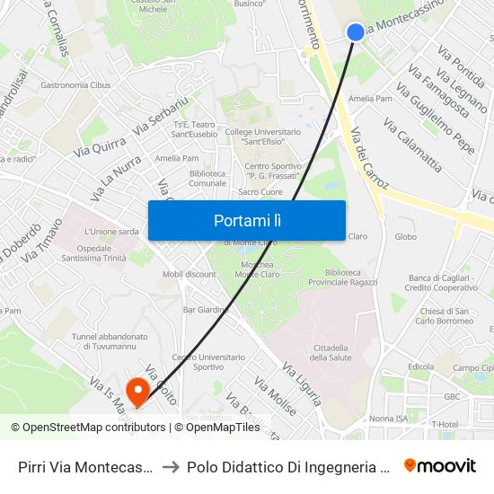 Pirri Via Montecassino Giua to Polo Didattico Di Ingegneria E Architettura map