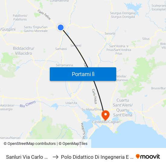 Sanluri Via Carlo Felice 92 to Polo Didattico Di Ingegneria E Architettura map