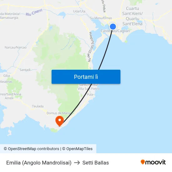 Emilia (Angolo Mandrolisai) to Setti Ballas map