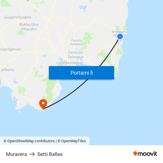 Muravera to Setti Ballas map