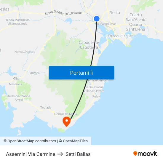 Assemini Via Carmine to Setti Ballas map
