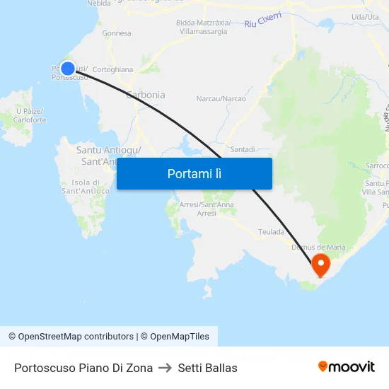 Portoscuso Piano Di Zona to Setti Ballas map