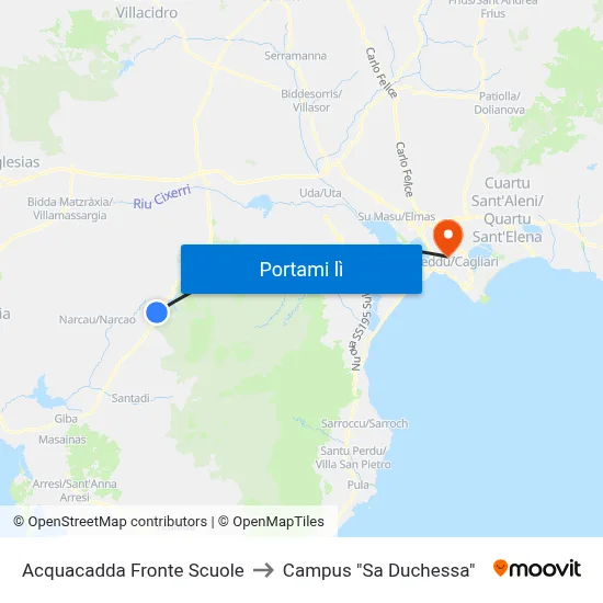 Acquacadda Fronte Scuole to Campus "Sa Duchessa" map