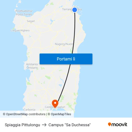 Spiaggia Pittulongu to Campus "Sa Duchessa" map