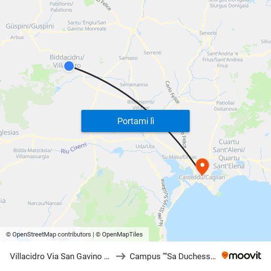 Villacidro Via San Gavino 17 to Campus ""Sa Duchessa"" map