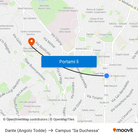 Dante (Angolo Todde) to Campus "Sa Duchessa" map