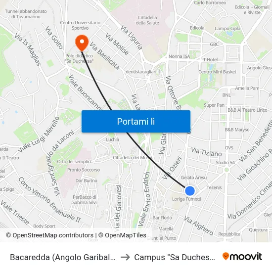 Bacaredda (Angolo Garibaldi) to Campus "Sa Duchessa" map