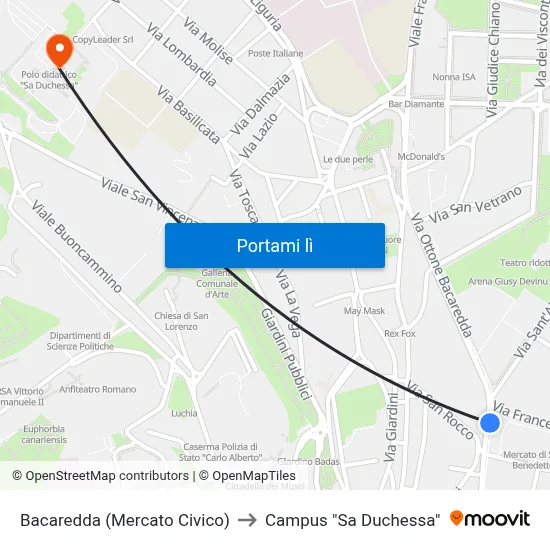 Bacaredda (Mercato Civico) to Campus "Sa Duchessa" map