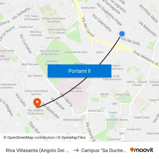 Riva Villasanta (Angolo Dei Grilli) to Campus "Sa Duchessa" map