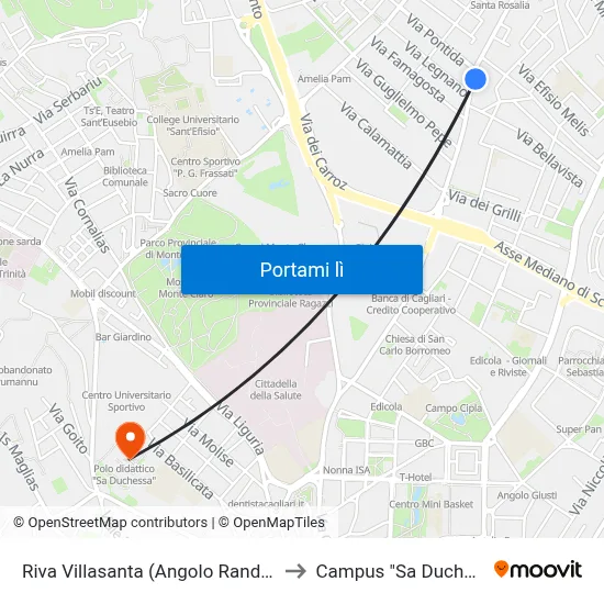 Riva Villasanta (Angolo Randaccio) to Campus "Sa Duchessa" map