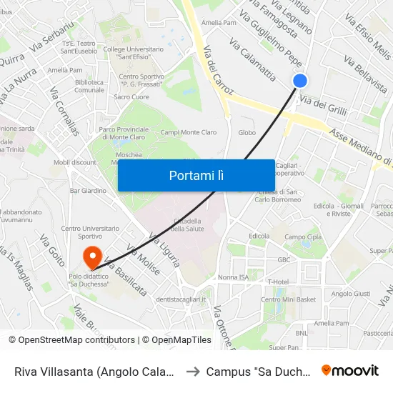 Riva Villasanta (Angolo Calamattia) to Campus "Sa Duchessa" map