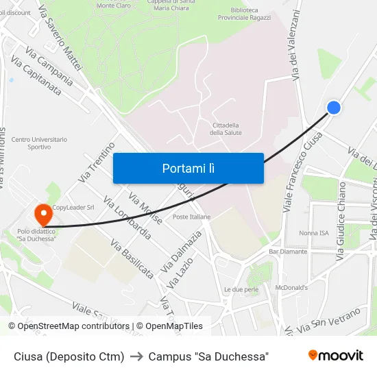 Ciusa (Deposito Ctm) to Campus "Sa Duchessa" map