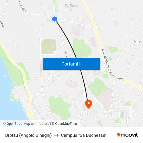 Brotzu (Angolo Binaghi) to Campus "Sa Duchessa" map
