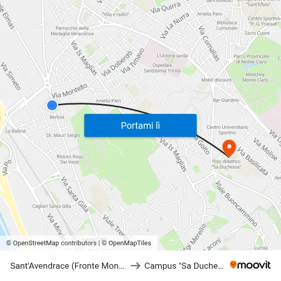 Sant'Avendrace (Fronte Montello) to Campus "Sa Duchessa" map