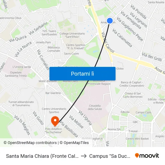 Santa Maria Chiara (Fronte Calamattia) to Campus "Sa Duchessa" map